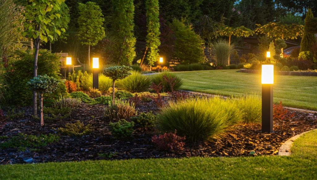Panoramic Photo of LED Light Posts Illuminating Backyard Garden During Night Hours.